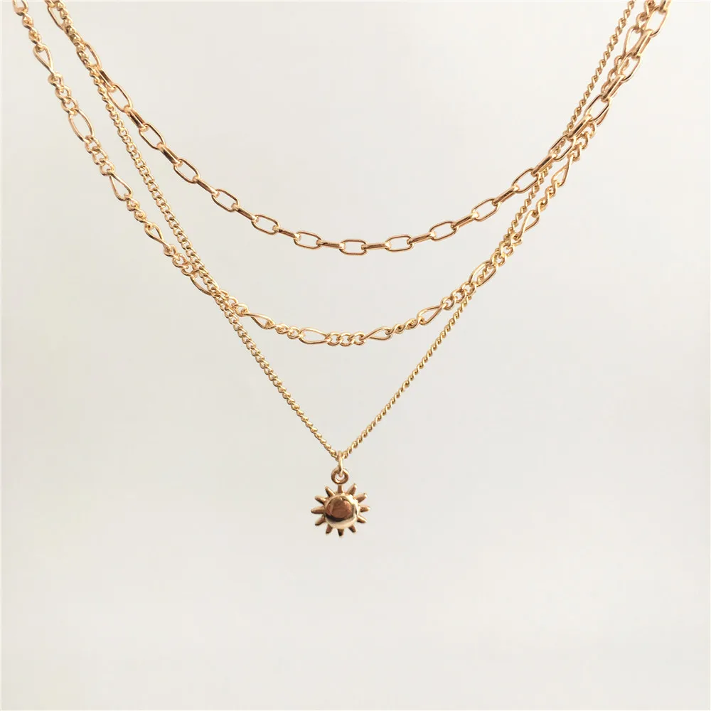 Милое позолоченное маленькое многослойное ожерелье с подвеской от солнца для женщин и девушек