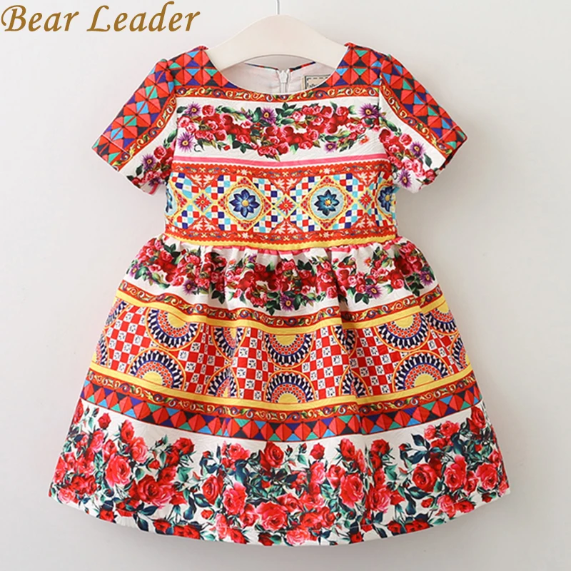 

Bear Leader Girls Dress 2017 New Summer Short Sleeve Rose Flower Geometric Print Dresses for Kids Dress 3-8Y Children Clothes