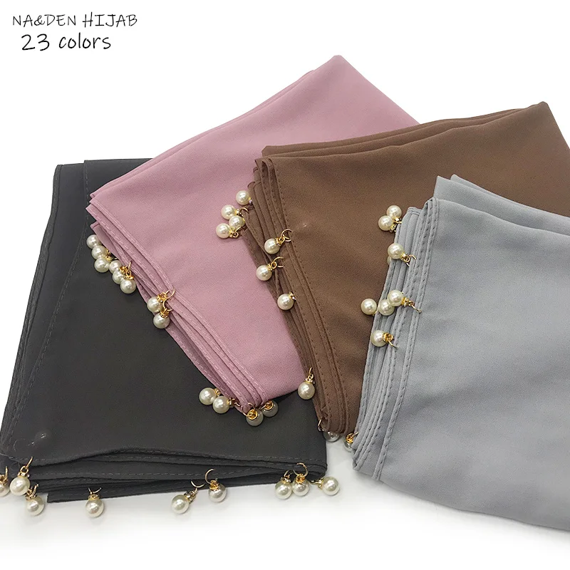

NEW LUXURY hang pearls edge hijab scarf plain bubble chiffon foulard fashion Muslim gorgeous hijabs women scarves