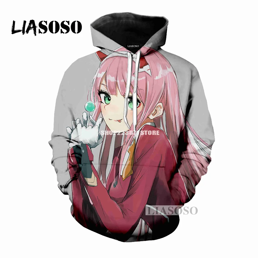 LIASOSO Мужская и Женская толстовка с капюшоном аниме Zero Two Повседневная Толстовка