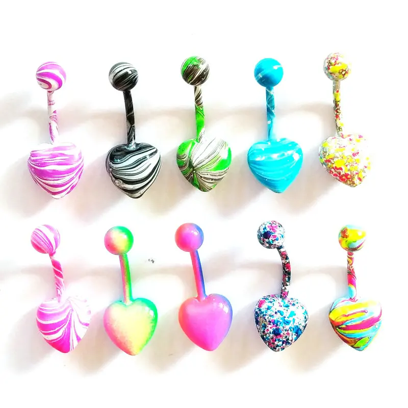 

100pcs/pack new colorful heart bell button rings wholesale navel bar big small size stainless steel piercing body jewelrys