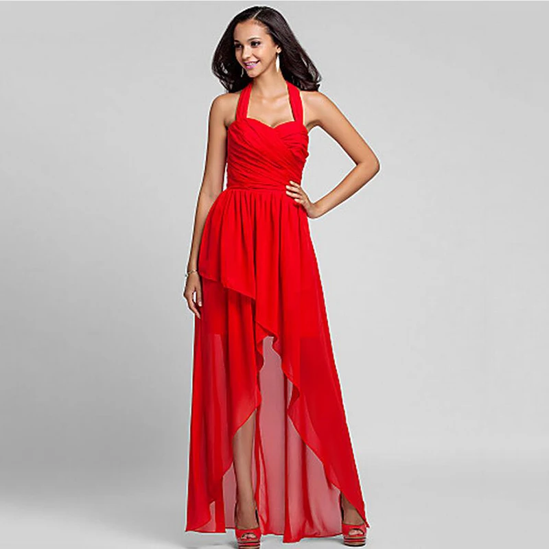 Chiffon Halter Neck Red Hi Lo Bridesmaid Dresses Short Front Long Back