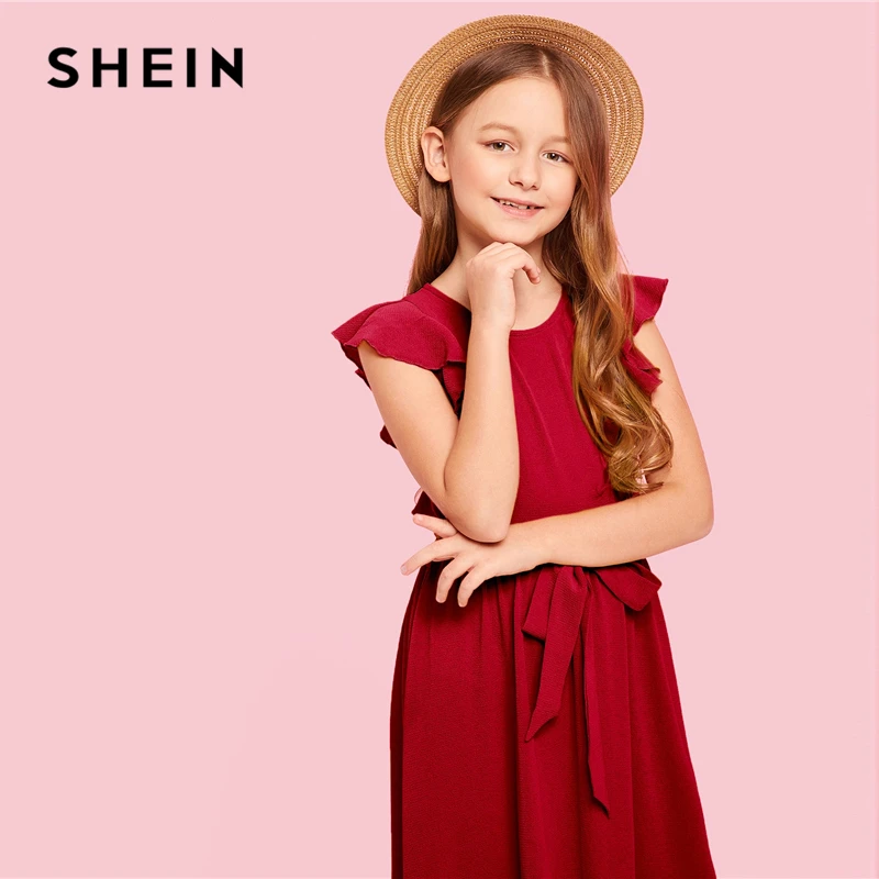 SHEIN Kiddie/Бордовое платье на молнии с рюшами сзади для девочек-подростков; вечерние платья макси для девочек; коллекция года; сезон лето; зеленое платье трапециевидной формы без рукавов для девочек