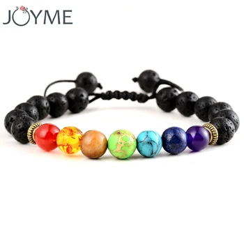 

7 Chakra Bracelet Men Women Black Lava Healing Balance Reiki Prayer Natural Stone Beads Yoga Strand Bracelets Adjustable Rope