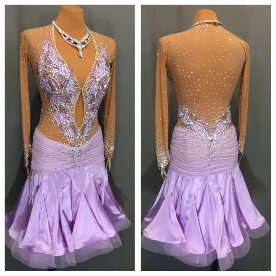 latin dance dress women, purple longsleev V neck Latin Cha Cha Tango