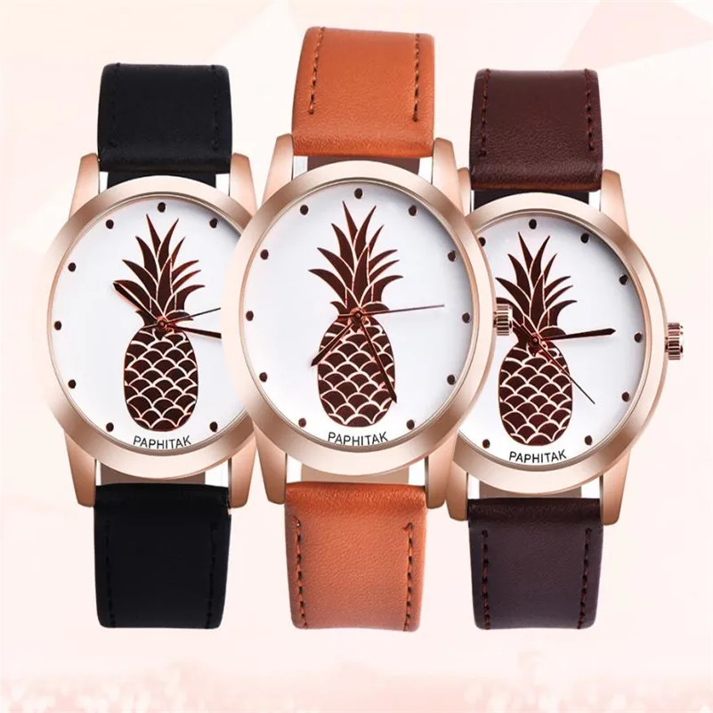 

PAPHITAK Womens Men Pineapple Faux Leather Analog Quartz Watch Ladies Wristwatch thin Quartz Watch Woman Chain Quartz Clock M4