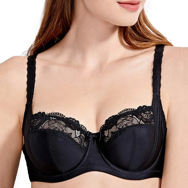 34-42 D DD E F G H женские с косточками и мягкими чашечками ультра-тонкий плюс размер цветочный кружевной не мягкий балконет бюстгальтер - Цвет: Black