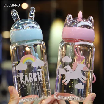 

OUSSIRRO Cartoon Unicorn Glass Creative Fruit Portable Drinking Cup Mug Student Cute Rope Teacup Male and Female