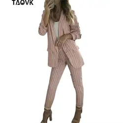 TAOVK стильные Штаны Костюмы бледно-розовый в полоску весенние женские комплекты пуговиц Блейзер свободные штаны комплект из 2 частей