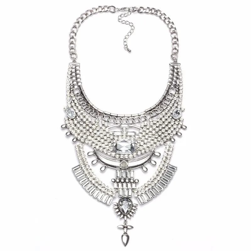 Массивная винтажная Серебряная цепочка со стразами ожерелье Макси Ретро колье Femme нагрудник Массивный воротник винтажное ожерелье для женщин