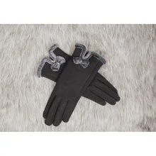 Черные женские зимние перчатки с сенсорным экраном с бантиком, теплые рукавицы