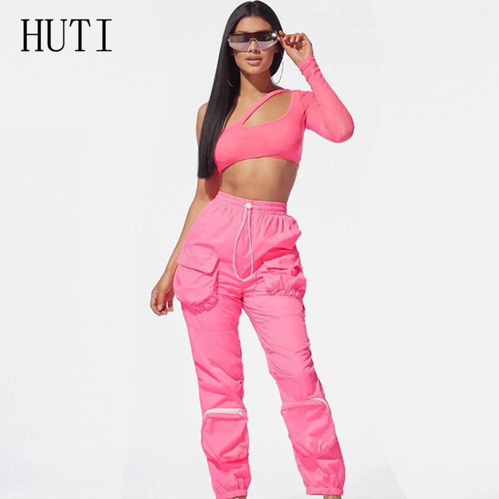 HUTI женская одежда сетчатый кроп топ+ тканые брюки элегантные Hoolow Out повседневные Костюмы пляжного стиля летняя элегантная уличная одежда Vadim - Цвет: Розовый