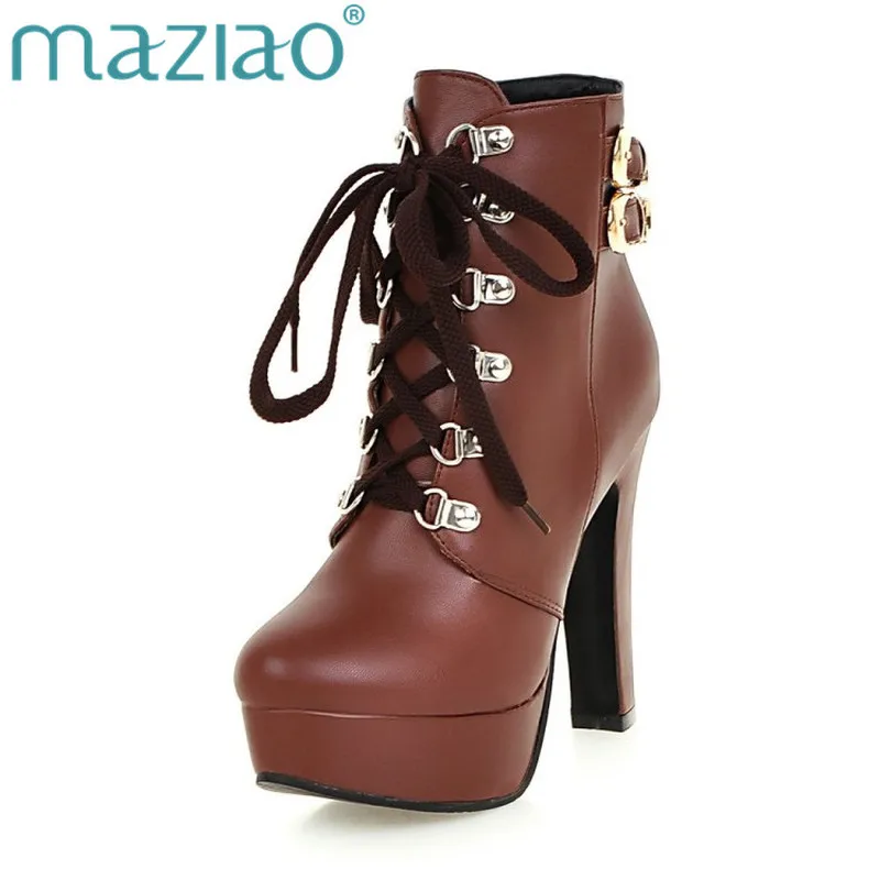 

MAZIAO Winter Women Round Toe Ankle Boots High Heels Lace Up Shoes Double Buckle Platform Short Martin Booties Size 33-43