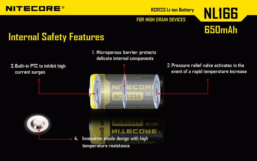 Топ продаж NITECORE NL166 650mAh 3,7 V 2.4Wh защищенный перезаряжаемый RCR123 16340 18350 литий-ионная батарея высокого стока устройство фонарик