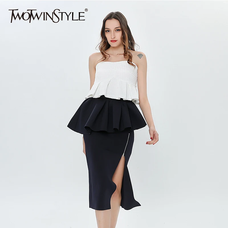 

TWOTWINSTYLE Summer Ruffle Two Piece Set White Strapless Corset Top High Waist Side Split Bodycon Skirt 2019 Skirts Suits Female