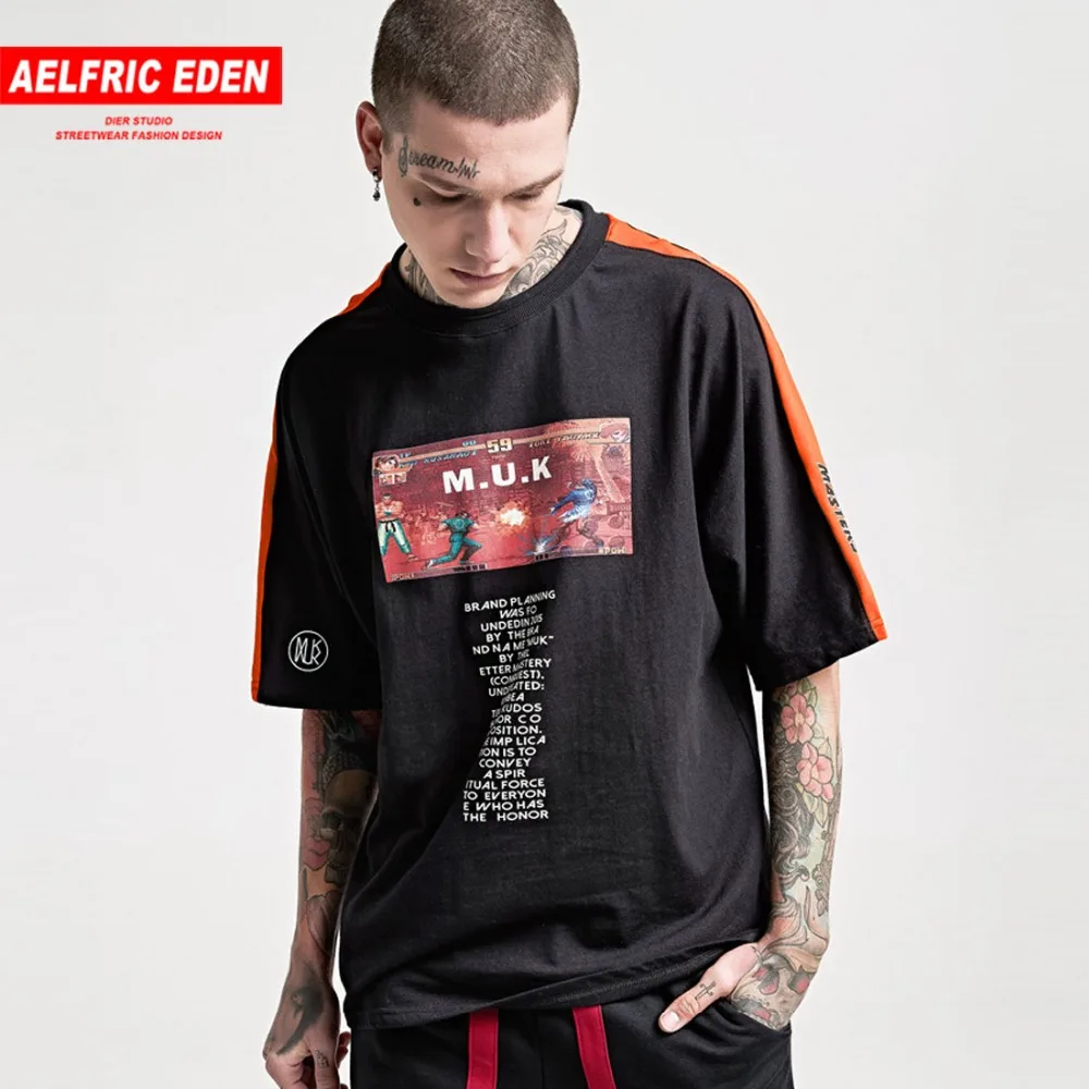 

Aelfric Eden Color Bolock Sleeve Letter Print Short Sleeve Men T-Shirt Hip Hop Casual Tee Summer Fashion Cotton Streetwear F506