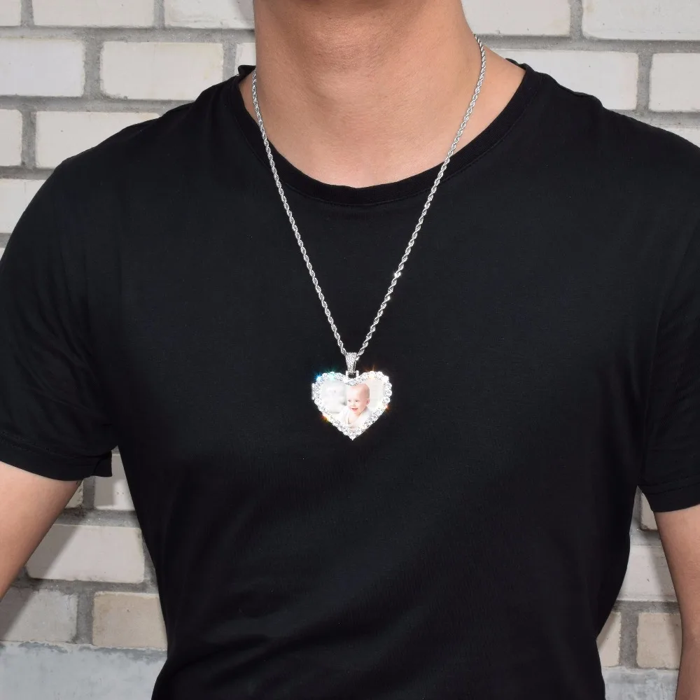 Индивидуальный заказ фото сердце медальоны цепочки и ожерелья кулон с 4 мм теннисная Цепочка Золото цветной AAA циркон для мужчин хип хоп ювелирные изделия 5x4,8 см