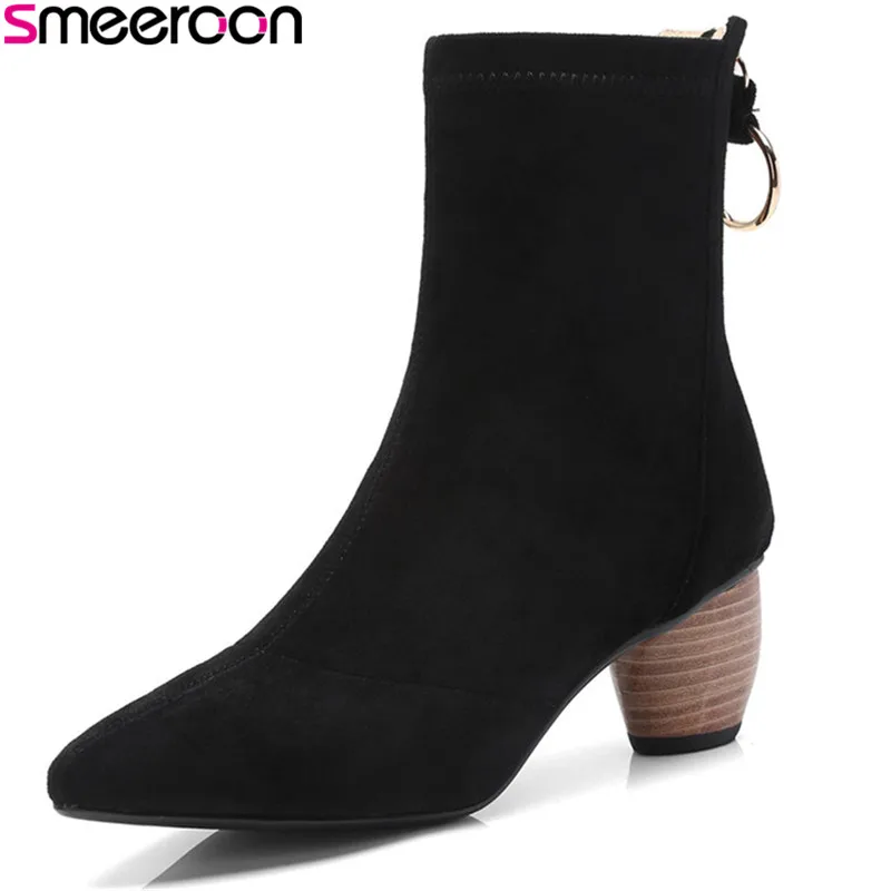 

Smeeroon 2018 new arrival fashion autumn women boots high heels ankle boots high quality flock leather boots big size 33-40