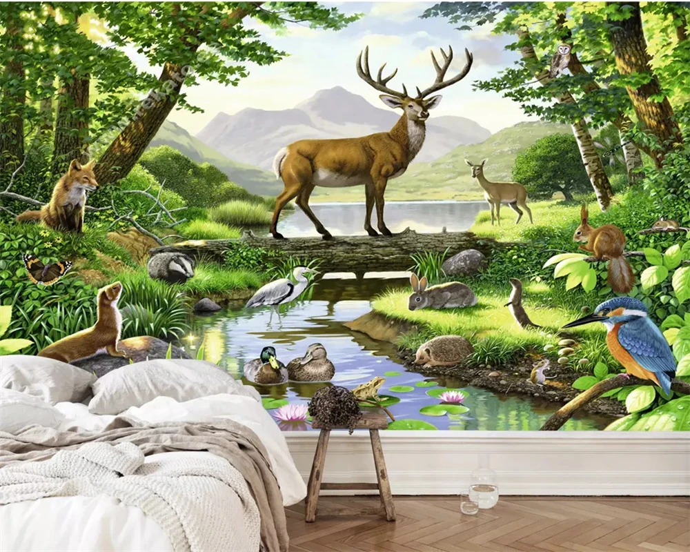 

beibehang wallpaper for kids room Custom photo wallpaper elk fox forest pine decorative mural papier peint mural 3d Vinyl wall