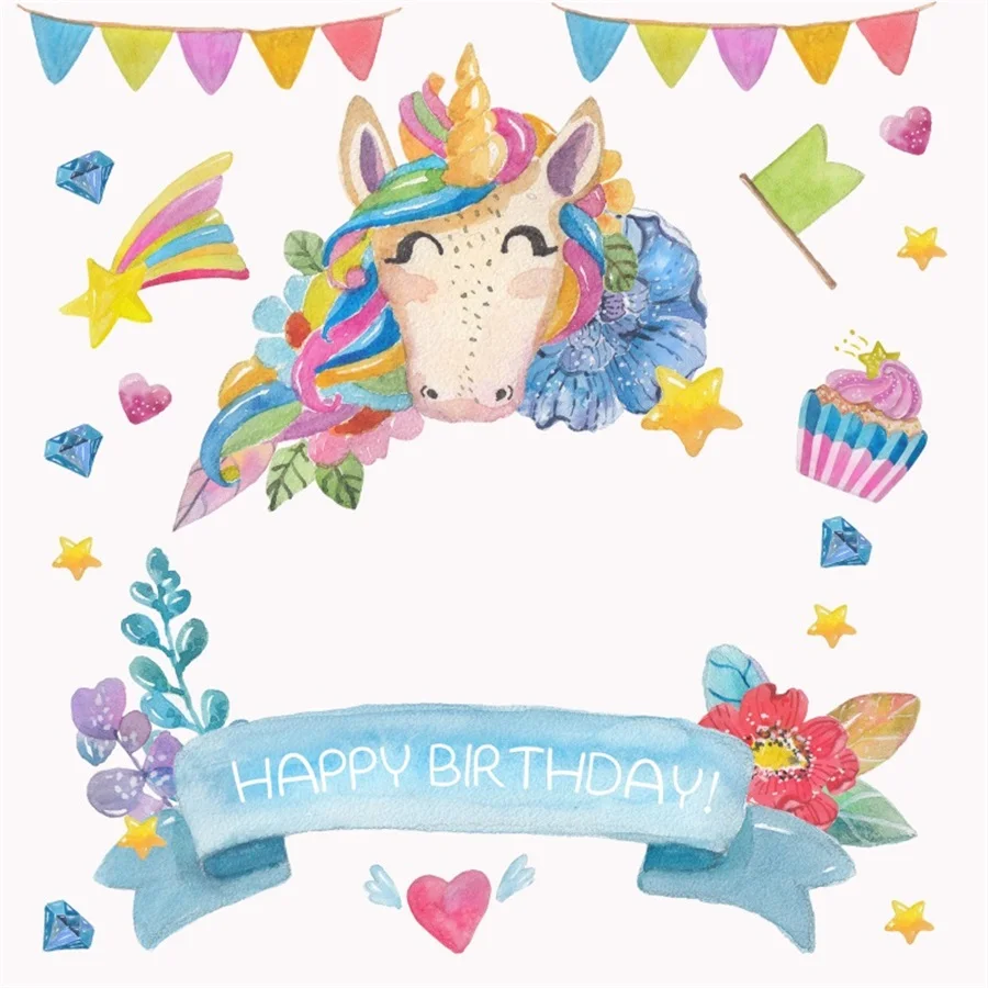 

Laeacco Unicorn Party Baby Birthday Flag Flower Ice Cream Photo Backgrounds Customized Photography Backdrops For Photo Studio