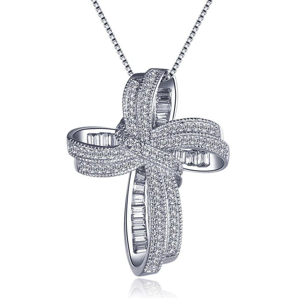 

Silver Color Cross Pendant Necklace AAA+Cubic Zircon Stone With Box Chain Fashion Temperament Choker Jewelry Christmas Gift