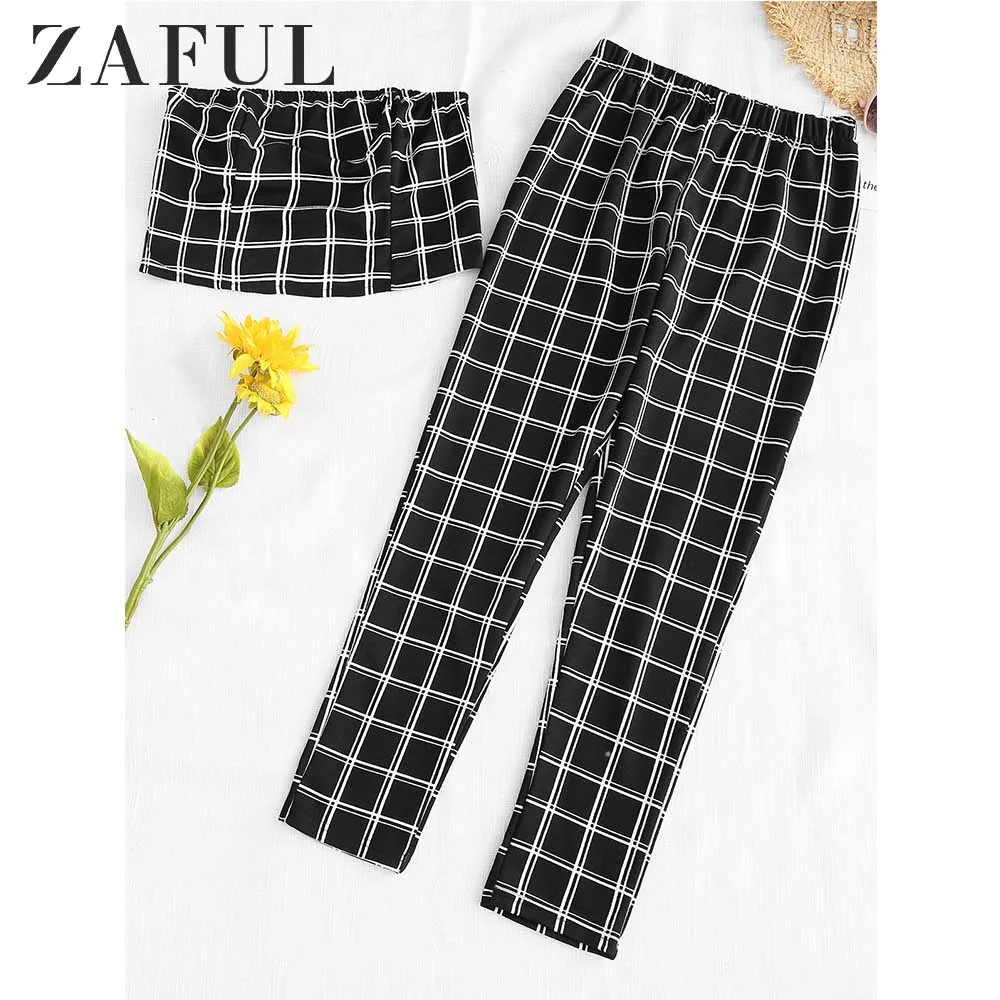 ZAFUL Клетчатый топ Bandeau And Pants Women Set Укороченный без рукавов с эластичной талией