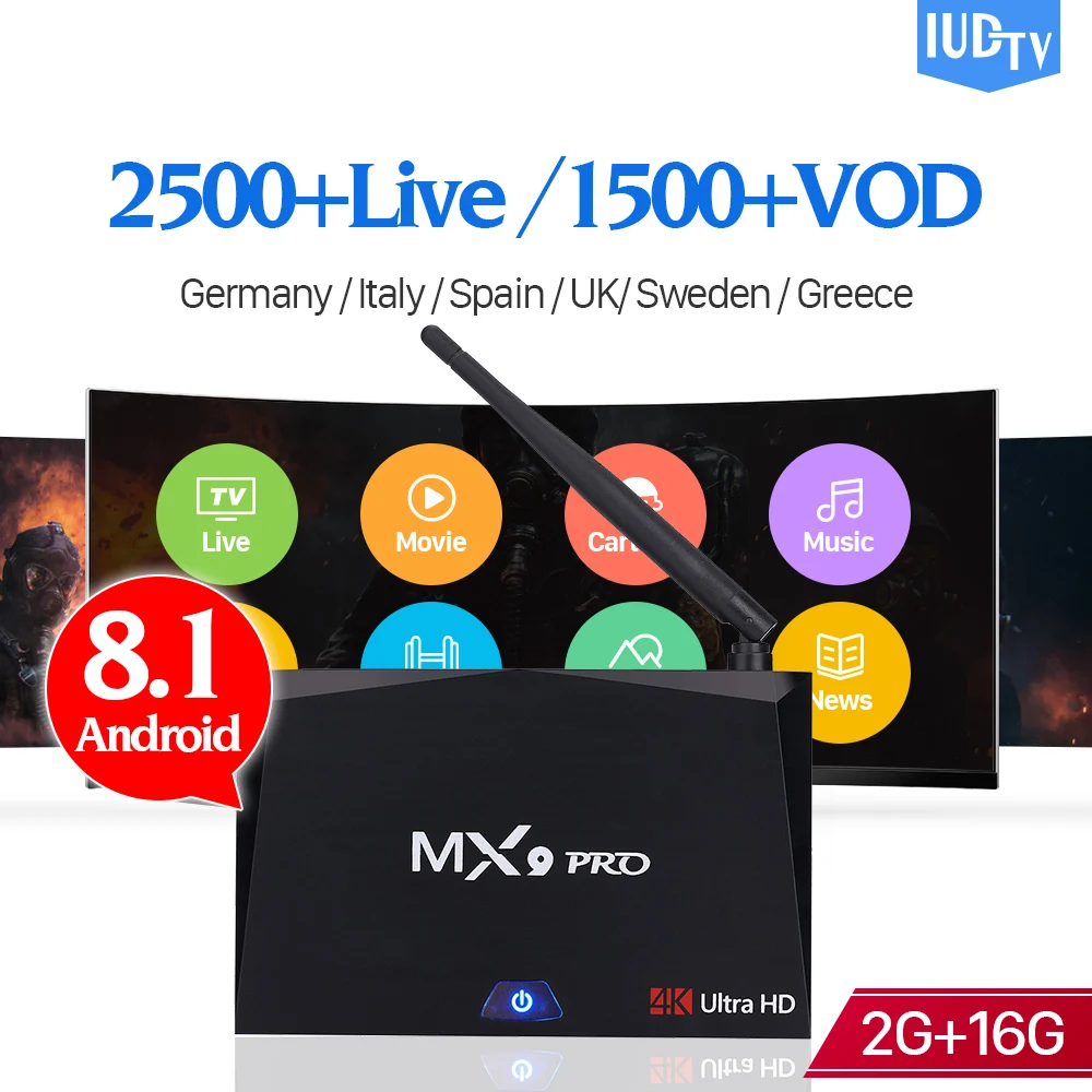 

IPTV IUDTV Subscription 1 Year TV Box Android 8.1 RK3328 MX9 Pro 2G 16G with Europe IPTV Arabic Sweden Spain Italia Germany UK