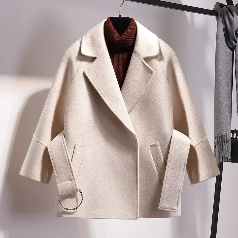 Ly Varey Lin Women Short Woolen Coat Belt Jacket Turn-down Collar Casual Loose Woolen Trench Coats Female Plus Size Outerwear