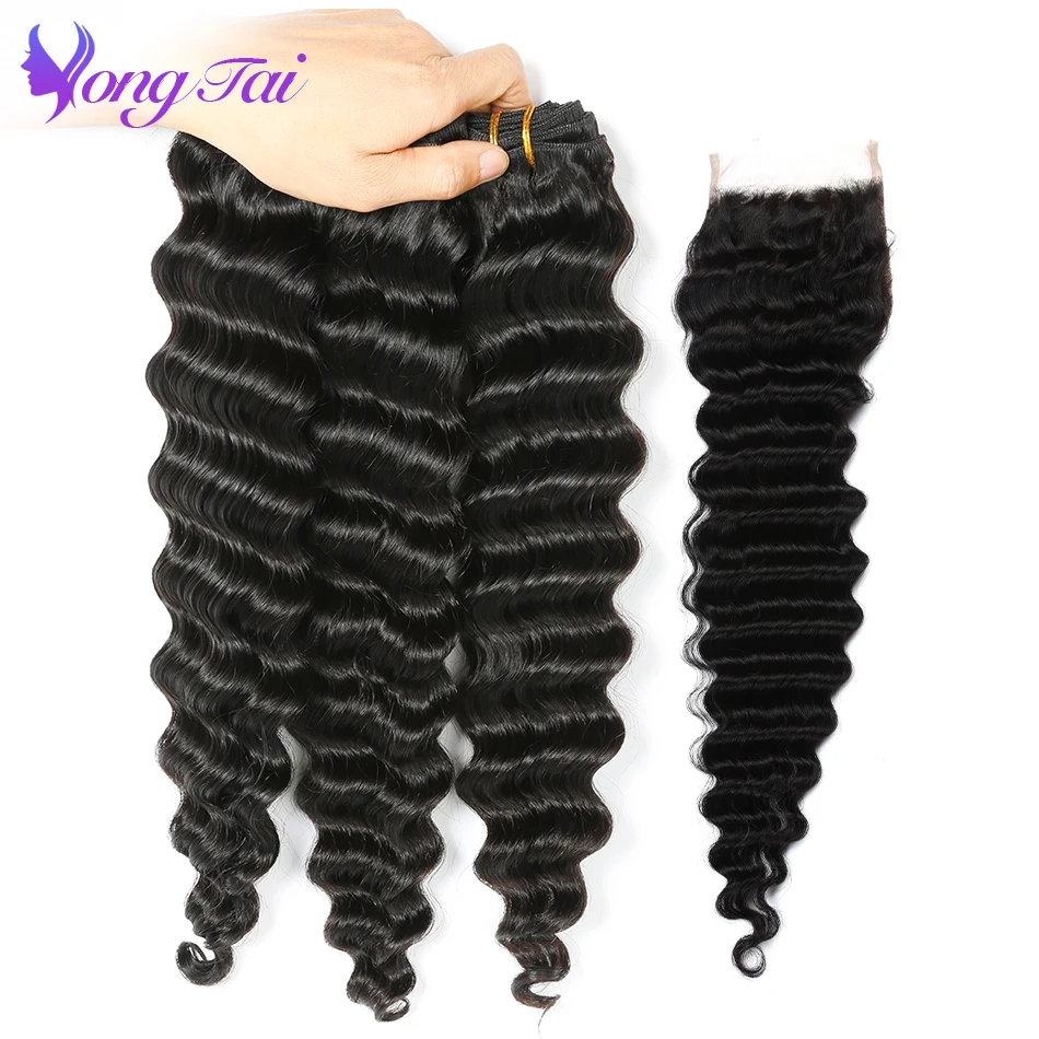 Pacotes de Cabelo com Fechamento Pacotes com Fechamento Yuyongtai Onda Profunda Malaio Cabelo Humano Não Remy Tece 3 1 Pacotes com 3/4 com fecho