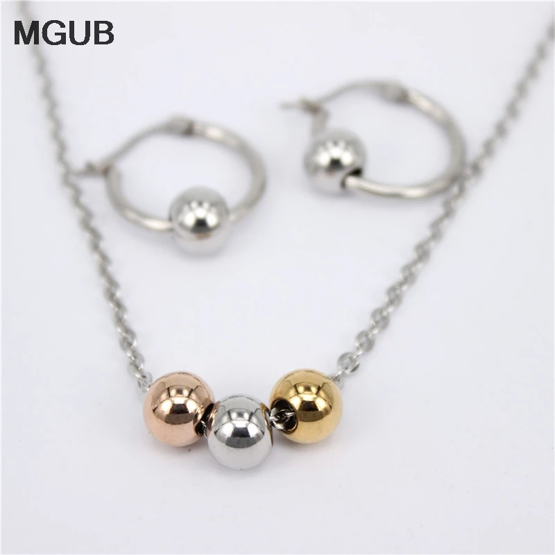 MGUB Earring size choice 10mm-70mm Activity 3 Colored Metal beads Jewelry Stainless Steel Jewelry Set (Earrings Necklace)gift