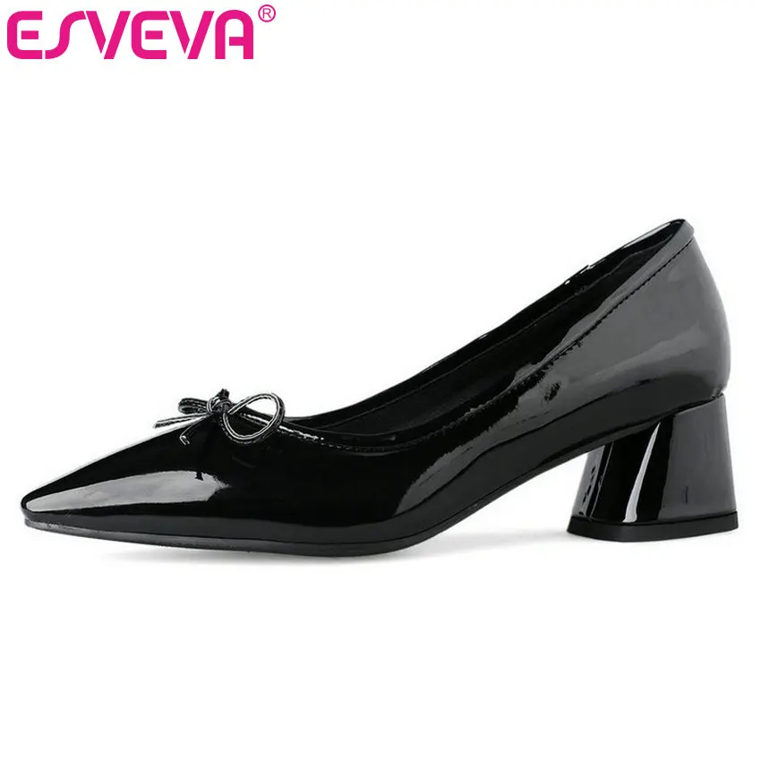 

ESVEVA 2020 Women Pumps Square Med Heel PU Leather Pointed Toe Butterfly-Knot Slip on Elegant Ladies Shoes Spring Size 34-43