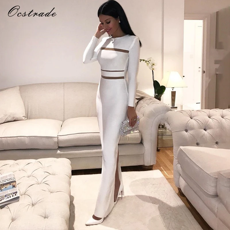 

Ocstrade White Round Neck Long Sleeve Maxi Mesh Back Slit Evening Bandage Dress HB5294-White