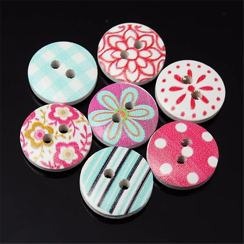 Wholesale 100Pcs 2 Holes Buttons Mixed Printing Round Pattern Wood Buttons Scrapbooking 15mm DIY Sewing Buttons Home Decor Tools (4)