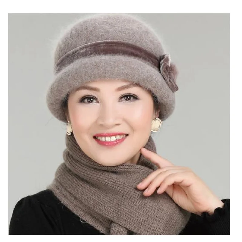 New Fashion Women Winter Hat Sets Floral Skullies Wool Mixed Rabbit Fur Warm Outdoor Knitted Beanies Baggy Headwear Cap