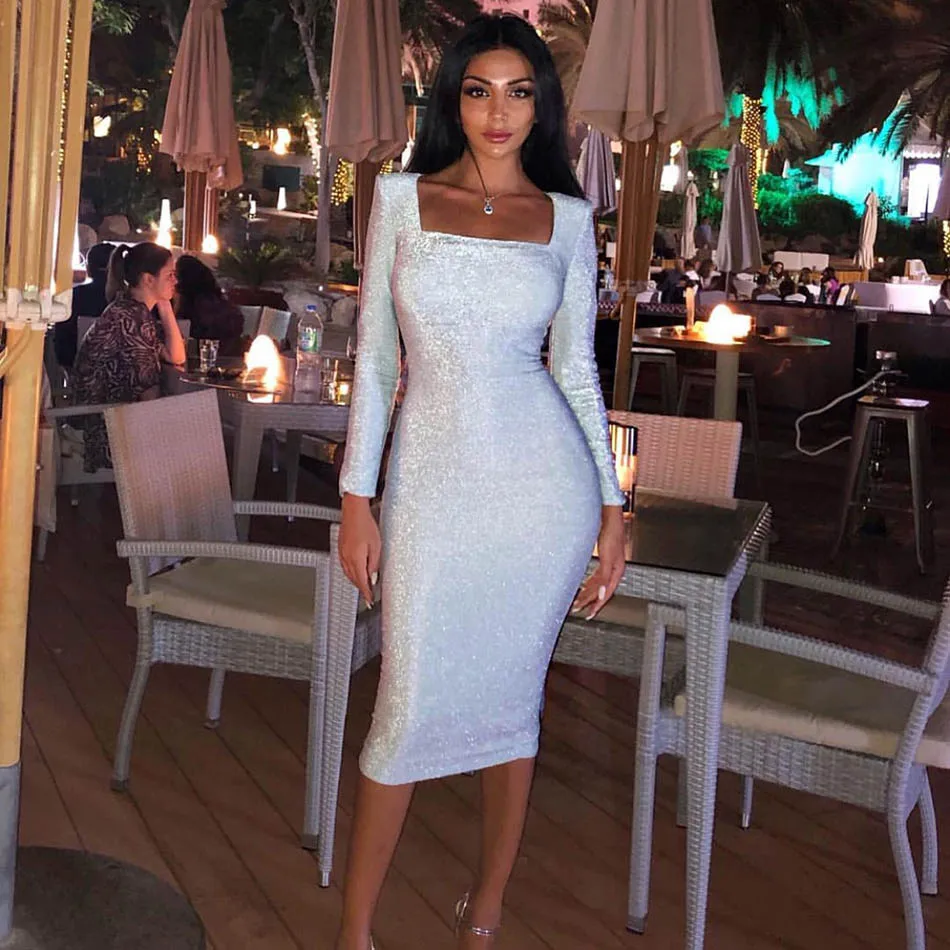 

Newest Fashion Long Sleeve Square Neck Middle Bodycon Dress Women Solid Sheath Lyric Slim Robe Femme Dresses Party Gown Vestidos