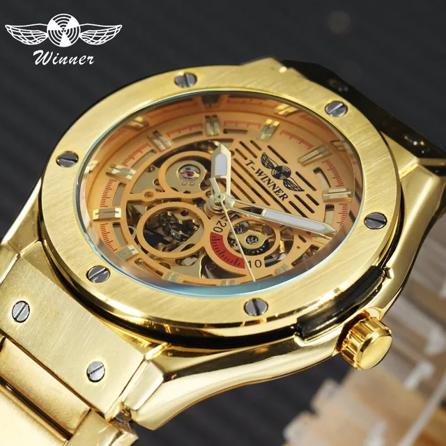 winner chic royal style men golden automatic mechanical watch 3d