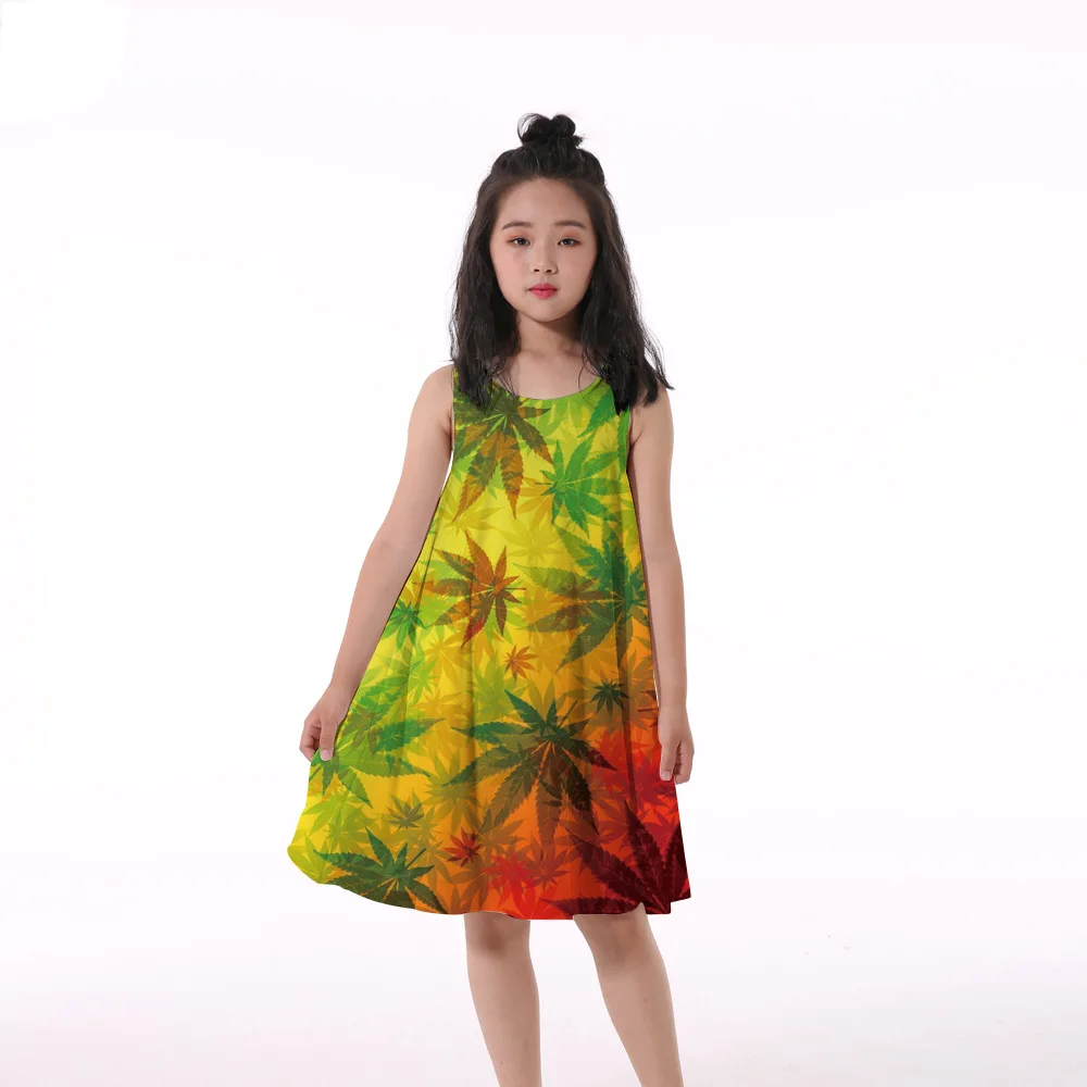 

2018 new girls wear colorful maple leaf love print summer travel beach body wide dress