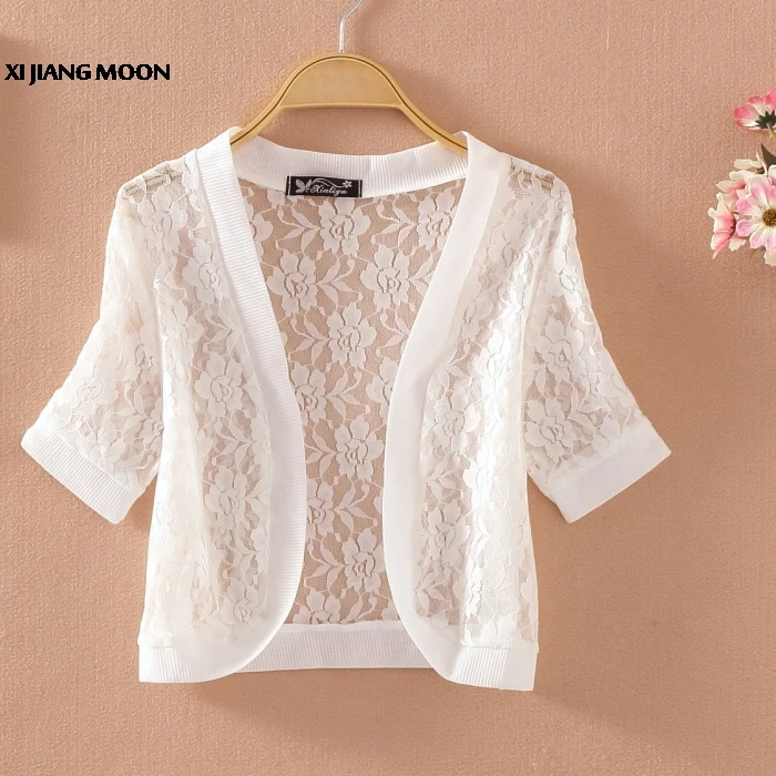

New Women'S Short Sleeve Solid Lace Sweater Knit Shoulders Lady'S Fashionable Short Cardigans For Women Shawl R315