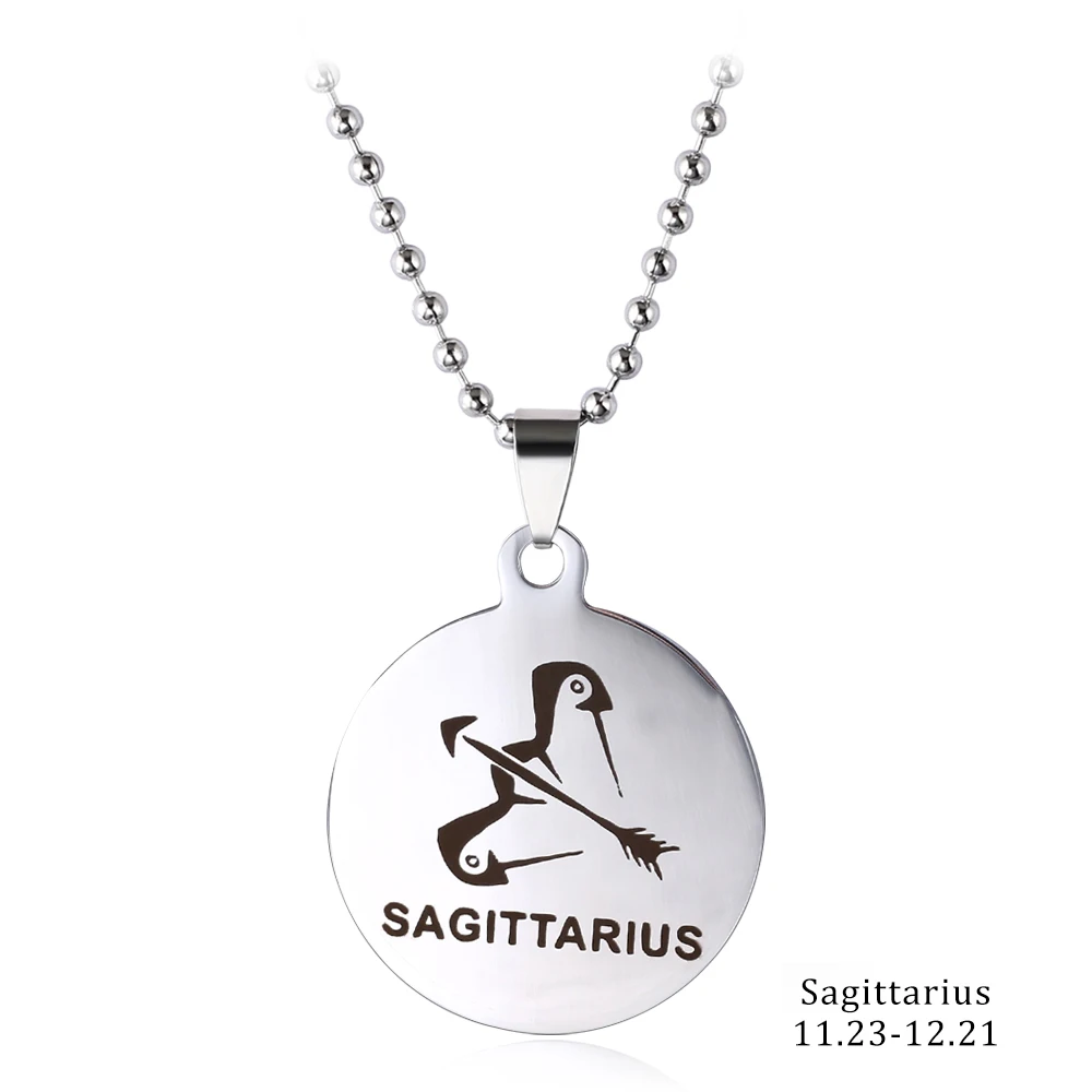 12 созвездий круглое ожерелье для мужчин/женщин подарки на день рождения серебряный цвет нержавеющая сталь амулет кулон знак зодиака ювелирные изделия - Окраска металла: Sagittarius