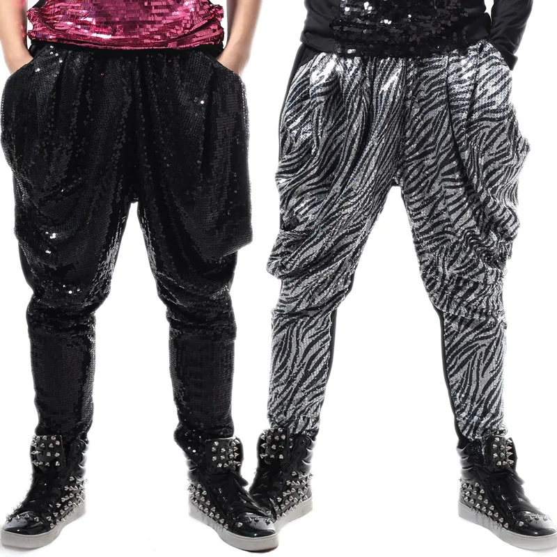Black Or Silver Sequins Men Loose Harem Pants Hip Hop Ds Dj Male Singer