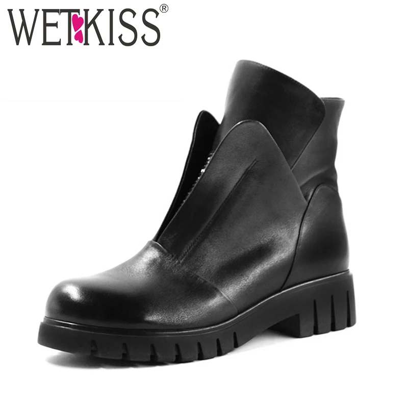 

WETKISS Med Heels Cow Leather Woman Boots Zip Round Toe Footwear Casual Wool Liner Warm Female Boot Platform Shoes Woman Winter