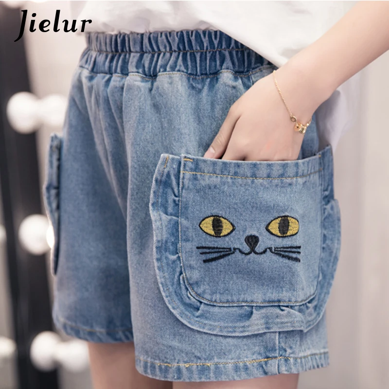 Jielur S 5XL Kawaii Embroidery Cat Jeans Woman Pocket Plus