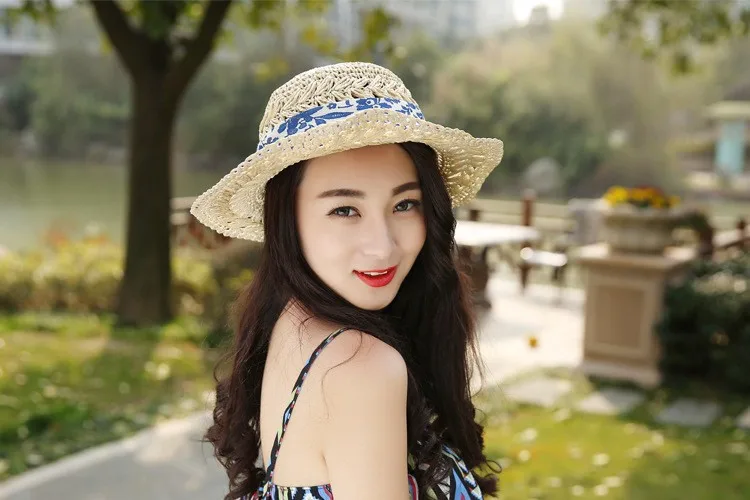 Корейская летняя новая синяя и белая фарфоровая Ручная шляпа с бантом Соломенная пляжная шляпа с защитой от воздействия УФ-излучения