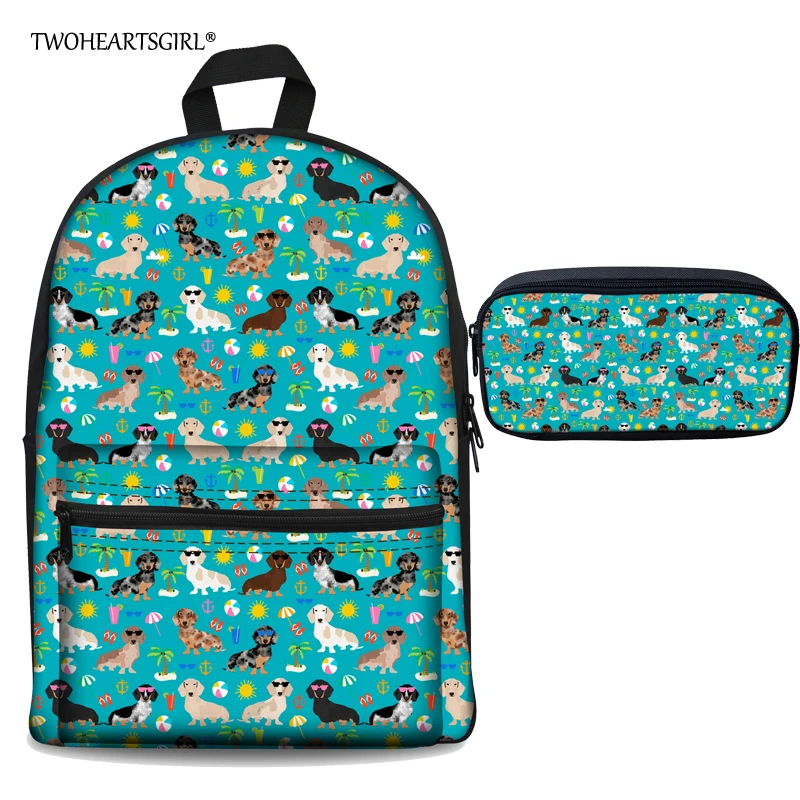 

Twoheartsgirl Cute Floral Dachshund Dog Print School Bag for Teenager Girls Cute Children Canvas School Bag Student Kids Bookbag