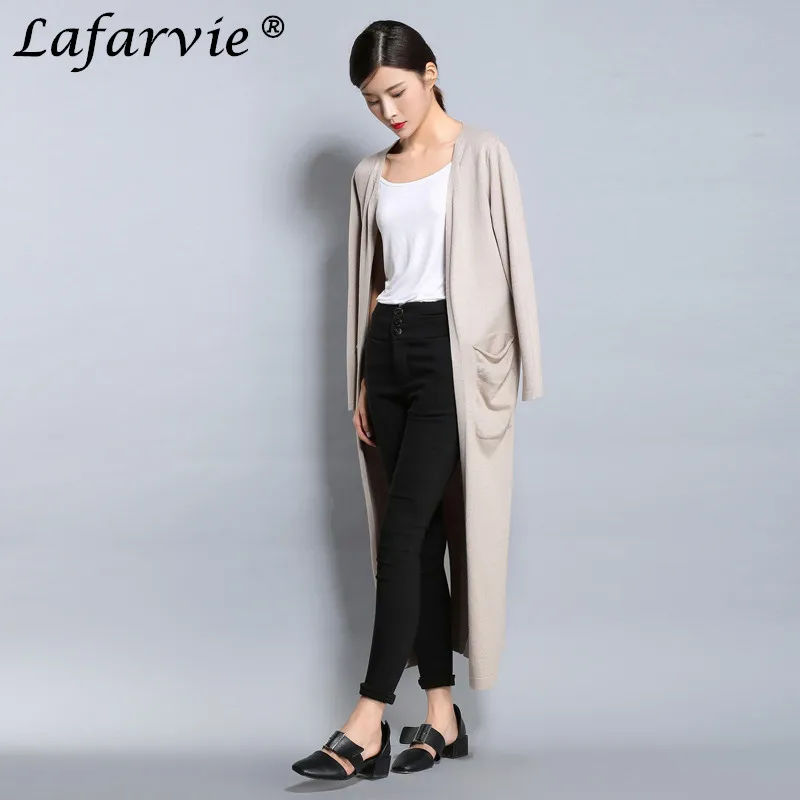 Lafarvie Quality Spring&Autumn New Fashion Long Cardigan Full Sleeve pocket Female Knit cardigan Jacket Hem Open Fork M-XXL