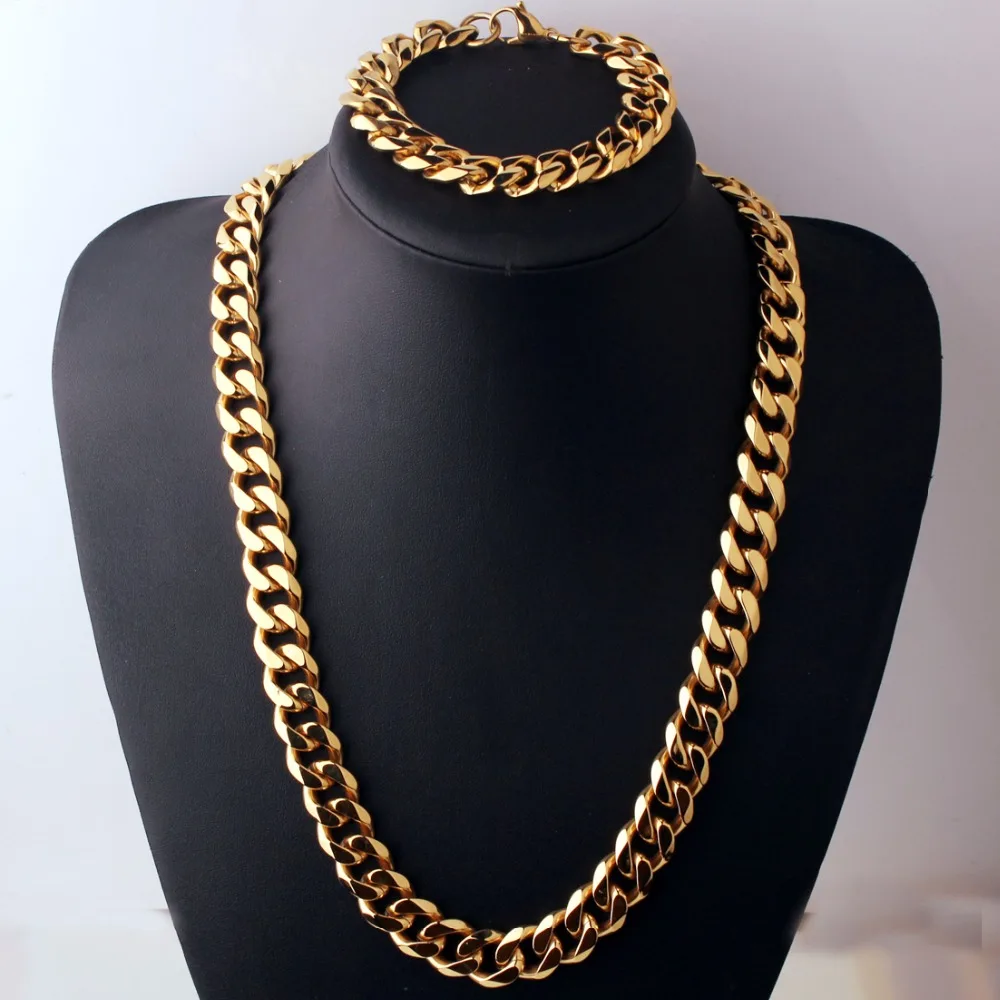 

Top Quality Gold Tone Jewelry Set 15mm Wide Heavy Men Curb Cuban Link Chain 316L Stainless Steel Necklace&Bracelet