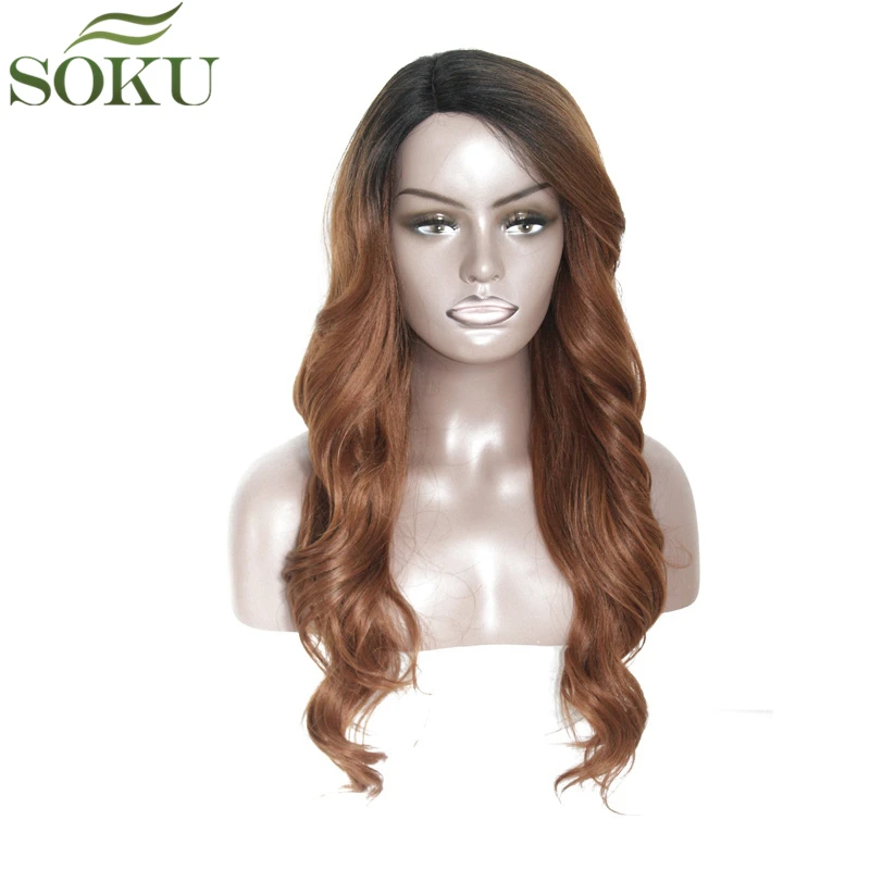 Ombre Brown Synthetic Lace Wigs With Bang Side Part Long Wave Wigs For Black Women Glueless Heat Resistant Fiber Wig SOKU