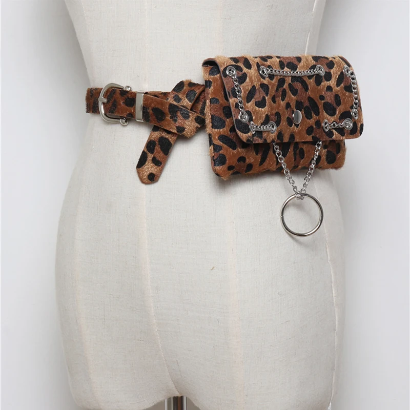 Поясная сумка меха поясная сумка леопардовым принтом талии сумка кольцо цепи декоративные Для женщин Элитный бренд 2018 На зиму; высокого