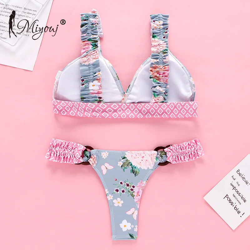 Miyouj Floral Bikini Stripe Sexy Lace Up Swimsuit Push Up Print Swimwear Women 2018 Bathing Suit Biquini Feminino Bikini Set