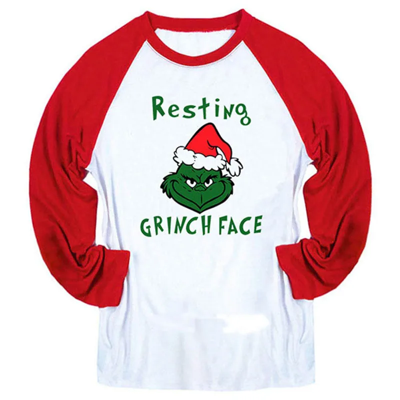 Рождественская футболка для отдыха с изображением лица реглан, футболка с длинными рукавами, женская футболка, Забавные футболки с графикой, повседневные топы, женские футболки - Цвет: Красный